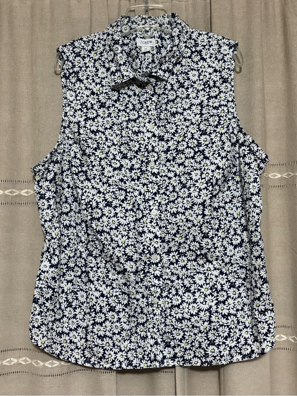 J.Crew Navy Blue White Daisy Floral Sleeveless Button-Up Shirt Top Size XL